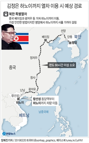 [그래픽] 김정은 하노이까지 열차 이용 시 예상 경로
