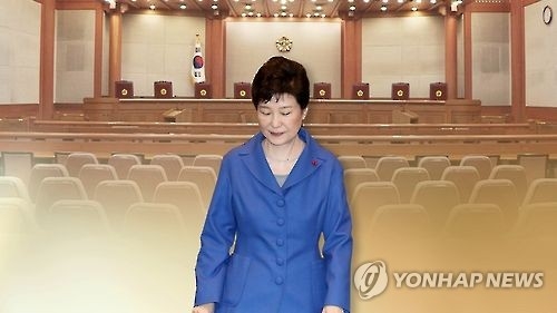 This image, provided by Yonhap News TV, shows President Park Geun-hye and the main room of the Constitutional Court. (Yonhap)