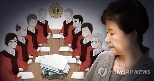This image shows President Park Geun-hye (R) and an illustration of the eight Constitutional Court justices reviewing the legality of her impeachment. (Yonhap)