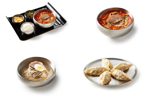 This image, provided by Pyunghwaok, shows dishes sold at the restaurant at Incheon International Airport, west of Seoul. From top left clockwise are spicy beef soup "gomtang" set, "gomtang," dumplings and Pyongyang-style cold noodles called "naengmyun." (Yonhap) 