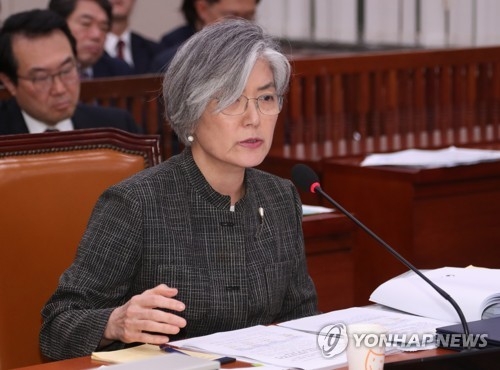 Foreign Minister Kang Kyung-wha speaks at a National Assembly committee session on May 17, 2018. (Yonhap)