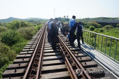 This photo, provided by South Korea's unification ministry on July 24, 2018, shows officials from the two Koreas checking the North Korean side of the western Gyeongui railway. (Yonhap)