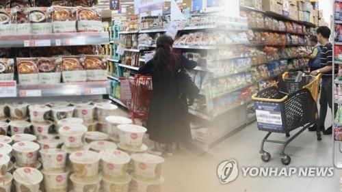 This compilation image shows customers shopping at a discount store chain and instant noodles and HMR goods displayed on the shelves. (Yonhap)