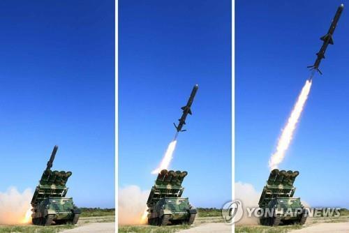 These photos published by North Korea's Rodong Sinmun newspaper on June 9, 2017, show the country's launch of a new surface-to-ship cruise missile. (For Use Only in the Republic of Korea. No Redistribution) (Yonhap)