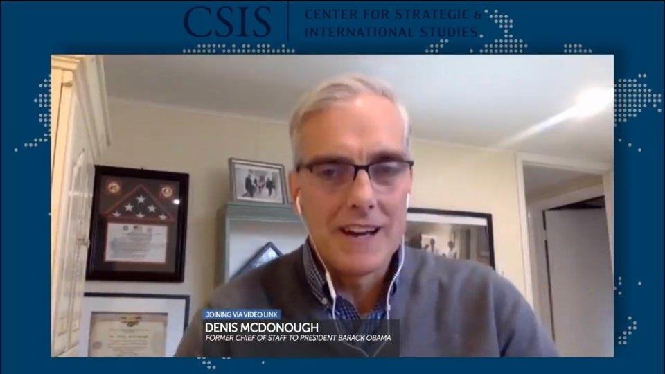 The captured image from the website of the Center for Strategic and International Studies shows former U.S. National Security Adviser Dennis McDonough speaking in a webinar hosted by the Washington-based think tank on Nov. 19, 2020. (Yonhap)