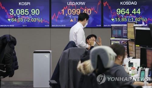 Electronic signboards at a Hana Bank dealing room in Seoul show the benchmark Korea Composite Stock Price Index (KOSPI) closed at 3,085.9 on Jan. 15, 2021, down 64.03 points, or 2.03 percent, from the previous session's close. (Yonhap)