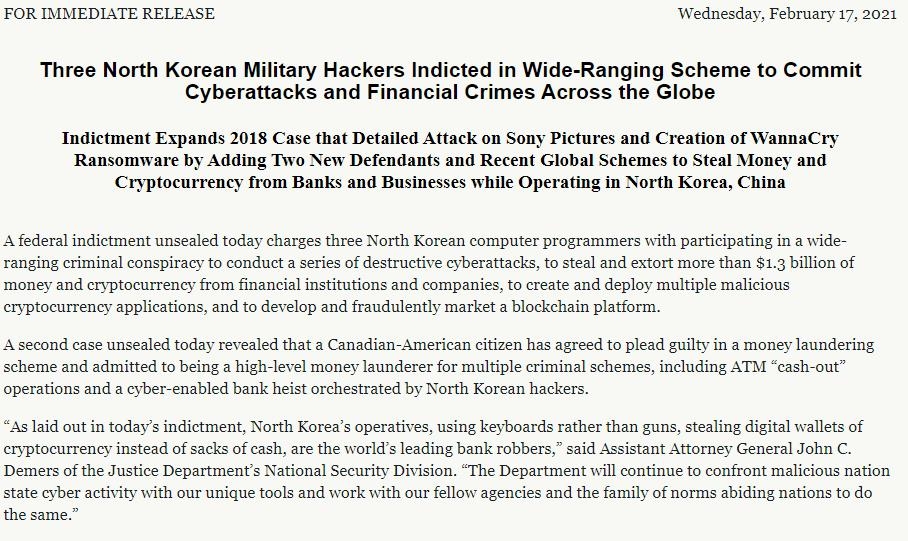 The captured image from the website of the U.S. Department of Justice shows a press release posted on Feb. 17, 2021, announcing an indictment of three North Korean hackers. (Yonhap)