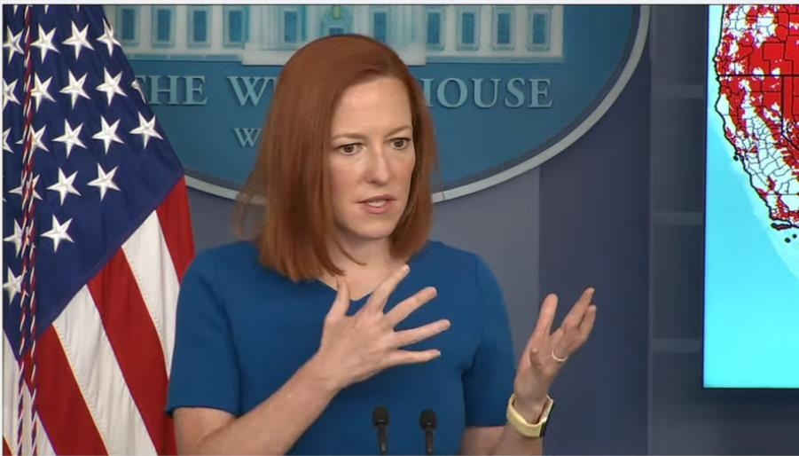 The captured image from the White House website shows spokeswoman Jen Psaki speaking at a daily press briefing at the White House in Washington on April 7, 2021. (Yonhap)