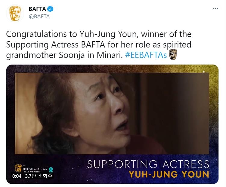 This image from the Twitter account of the British Academy of Film and Television Arts (BAFTA) shows Youn Yuh-jung's victory for best supporting actress for her role in "Minari." (PHOTO NOT FOR SALE) (Yonhap)
