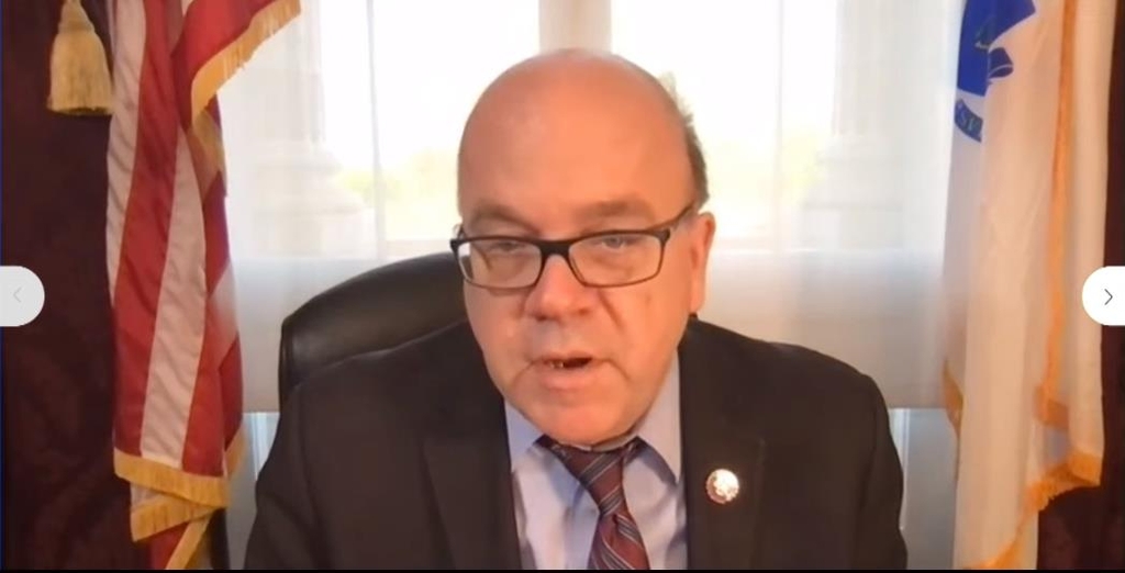 The captured image from a Youtube channel of the Tom Lantos Human Rights Commission shows Rep. James McGovern (D-MA) speaking in a virtual commission hearing in Washington on April 15, 2021, on South Korea's recently legislated ban on anti-North Korea leaflets. (Yonhap) 