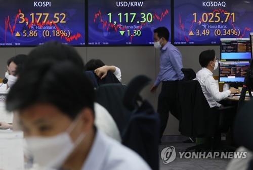 Electronic signboards at a Hana Bank dealing room in Seoul show the benchmark Korea Composite Stock Price Index (KOSPI) closed at 3,177.52 on April 22, 2021, up 5.86 points, or 0.18 percent, from the previous session's close. (Yonhap)