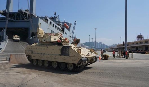 A combat vehicle of the U.S. 3rd Armored Bulldog Brigade Combat Team of the 1st Armored Division, arrives in South Korea's southern port city of Busan, in this undated photo provided by the U.S. Forces Korea on June 19, 2021. (PHOTO NOT FOR SALE) (Yonhap)
