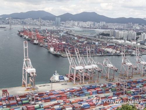 In the May 21, 2021, file photo, containers are stacked at Gamman pier in Busan. (Yonhap)