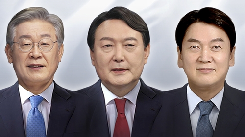 This computer-created image shows Lee Jae-myung (L), Yoon Suk-yeol (C) and Ahn Cheol-soo, the presidential candidates from the Democratic Party, People Power Party and People's Party, respectively. (Yonhap)