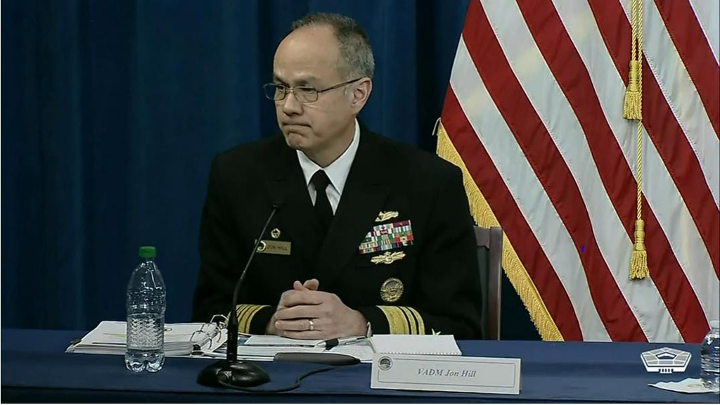Vice Adm. Jon Hill, director of the Missile Defense Agency, takes a question in a press briefing at the U.S. Department of Defense in Washington on March 28, 2022, in this photo captured from the department's website. (PHOTO NOT FOR SALE) (Yonhap)