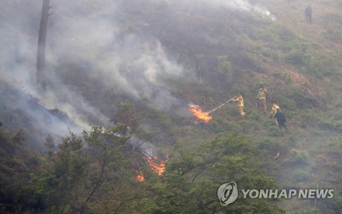 Firefighters work to extinguish a wildfire burning in a village of the northeastern county of Yangyang on April 22, 2022. (Yonhap)