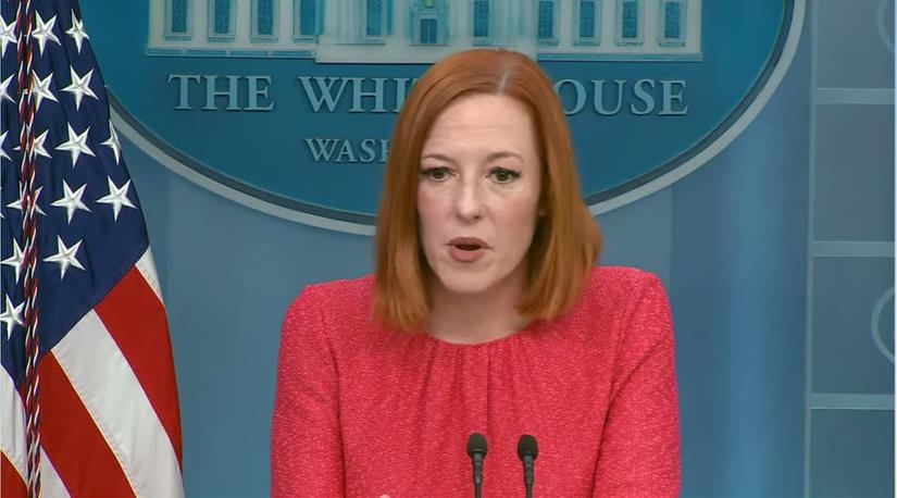 White House Press Secretary Jen Psaki is seen answering a question in a press briefing at the White House in Washington on May 2, 2022 in this captured image. (PHOTO NOT FOR SALE) (Yonhap)