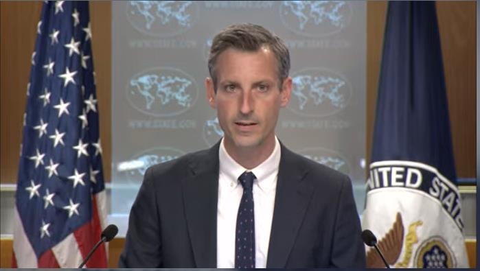 State Department Press Secretary Ned Price is seen speaking in a daily press briefing at the state department in Washington on May 25, 2022 in this image captured from the department's website. (Yonhap)