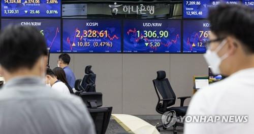 Electronic signboards at a Hana Bank dealing room in Seoul show the benchmark Korea Composite Stock Price Index (KOSPI) closed at 2,328.61 points on July 13, 2022, up 10.85 points, or 0.47 percent, from the previous session's close. (Yonhap)