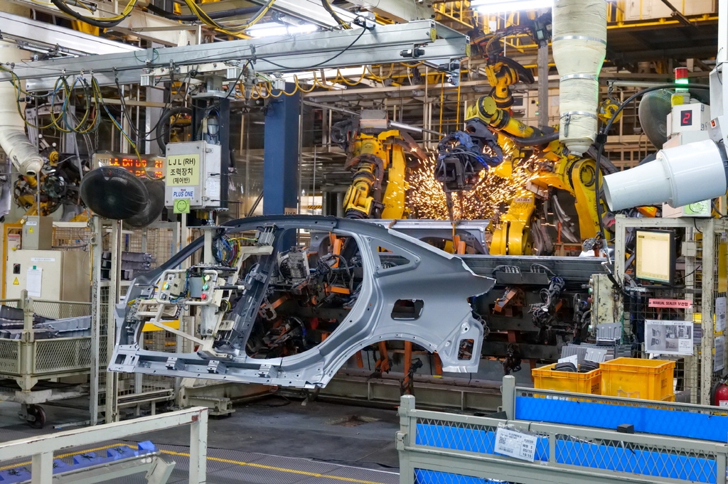 This photo taken May 16, 2023, shows the body frame of a XM3 compact SUV being assembled at Renault Korea Motors' plant in Busan, 320 kilometers south of Seoul. (PHOTO NOT FOR SALE) (Yonhap)