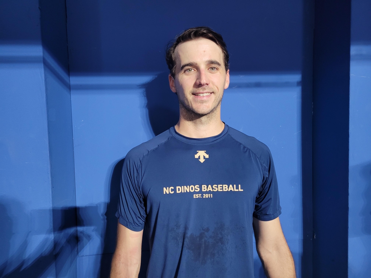 NC Dinos starter Kyle Hart poses for a photo after an interview with Yonhap News Agency at Gocheok Sky Dome in Seoul on May 21, 2024. (Yonhap)