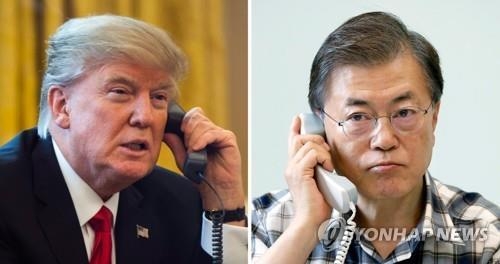 文在寅（ムン・ジェイン）韓国大統領（右）とトランプ米大統領は７日（日本時間）に電話会談し、北朝鮮の核・ミサイル問題を話し合った（青瓦台提供）＝（聯合ニュース）