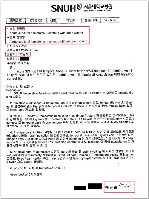 고(故) 백남기씨 수술기록이 담긴 의무기록
