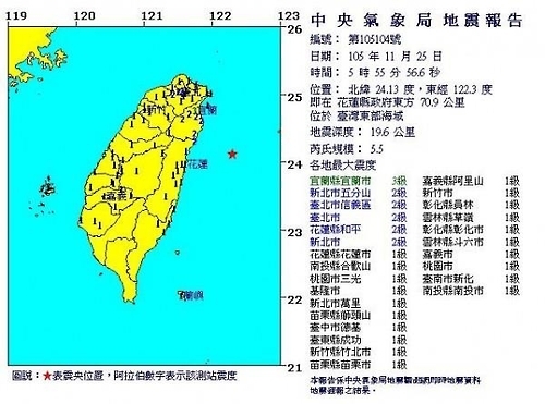 대만 지진 발생 <중앙기상국 캡처>