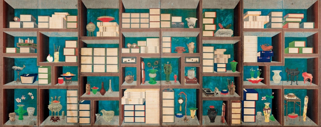 송석 이응록, 책가도 8폭 병풍, 종이에 채색, 19세기, 150×380cm, 8폭