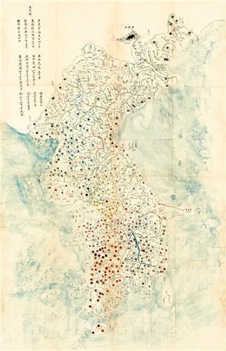 정상기식 동국지도(전국도), 종이에 수묵 담채, 107X70cm, 19세기 