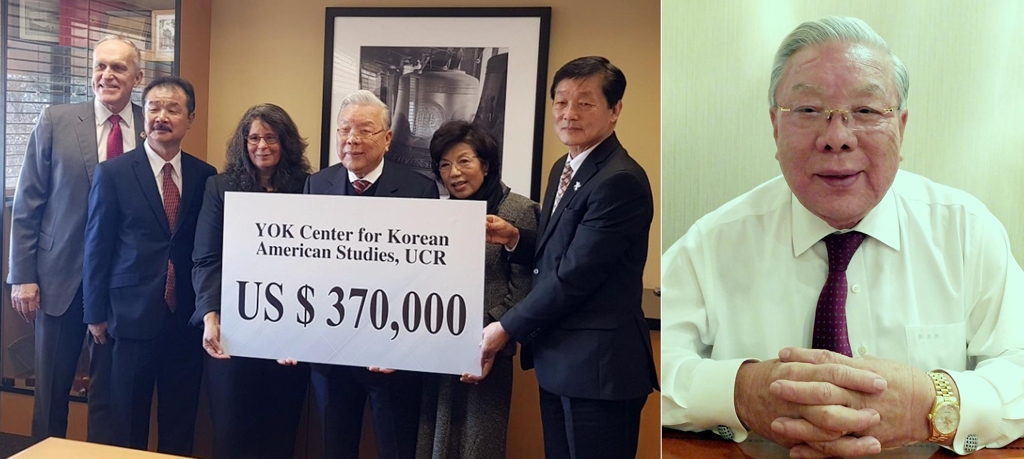 12일 오후 미국 캘리포니아 UCR 콘퍼런스룸에서 재미 사업가 홍명기 회장은 '김영옥 재미동포연구소'에 37만 달러를 기부했다. 사진 좌측부터 김 윌콕스 UCR총장, 장태한 김영옥 재미동포연구소 소장, 밀라그로스 페나 UCR 인문대학장, 홍명기 듀라코트 회장과 부인 로리 홍, 한우성 재외동포재단 이사장