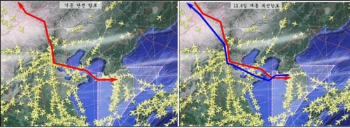 한중 항로 복선화 전 단일항로(왼쪽)과 복선화 후 항로