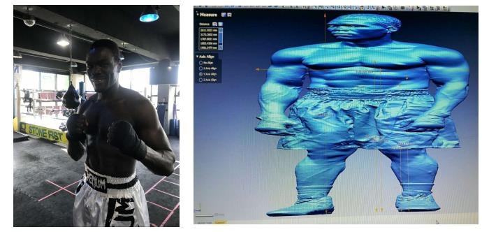 조각상 제작을 취해 포즈를 취하고 있는 길태산 선수와 3D 작업 사진