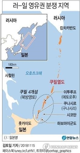 러-일 영토 분쟁 대상인 쿠릴 4개섬(파란색 원 안쪽)