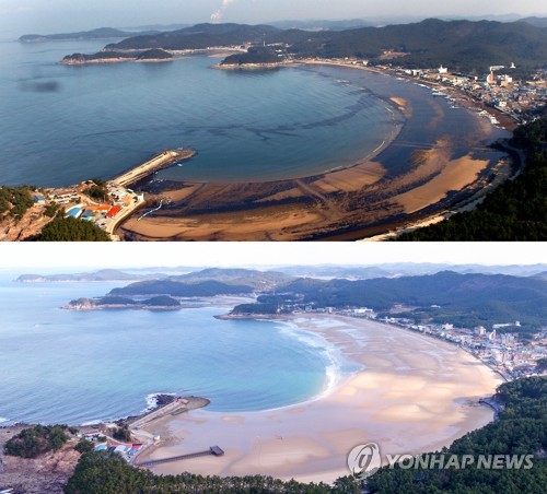 충남 태안군 만리포 해수욕장 2007년(위) 기름 유출 사고 당시와 2017년(아래) 모습