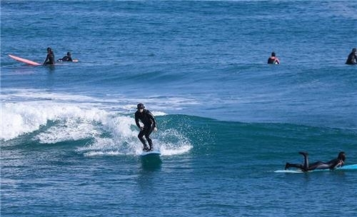 부흥 해수욕장에서 동호인들이 서핑을 즐기고 있다. [사진/성연재 기자]