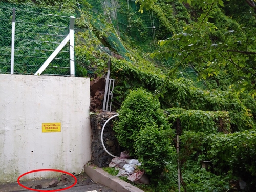절개지서 떨어진 주먹만한 크기 돌(빨간색 원)