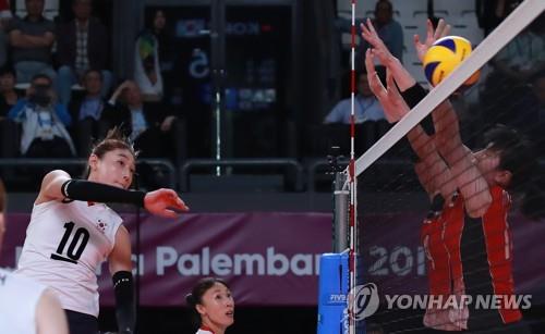 작년 아시안게임 때 일본과 동메달 결정전에서 스파이크하는 김연경(왼쪽)