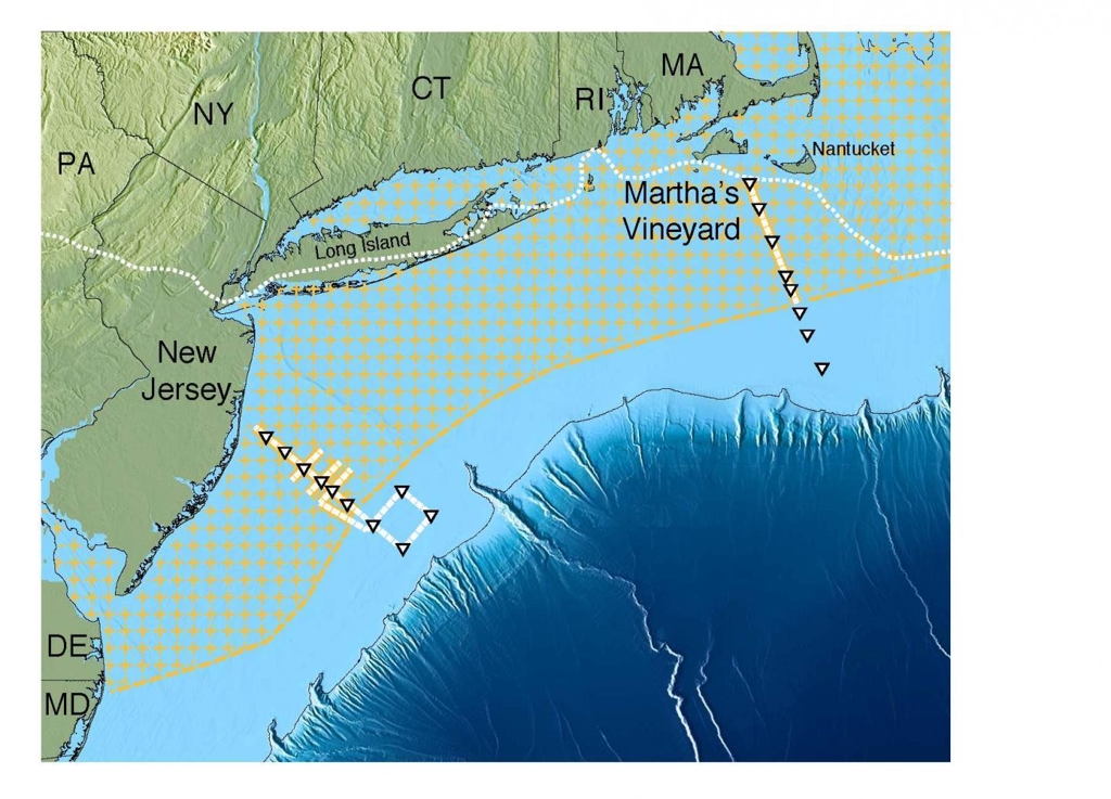 뉴저지에서 매사추세츠 연안에 이르는 대수층(노란 그물표시) 지도 