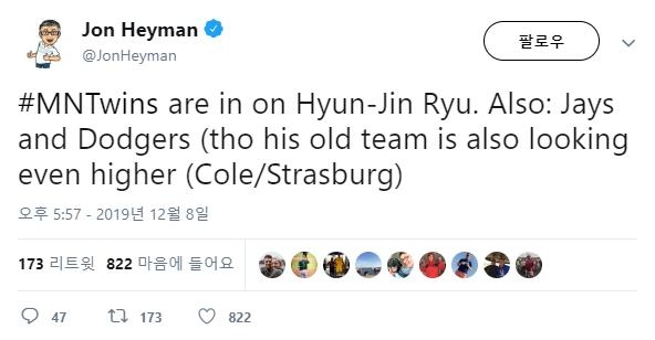 류현진에게 관심 있는 팀을 전한 존 헤이먼 기자의 트위터 