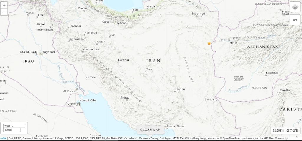 2일 오전 지진이 일어난 이란 상간 지역(노란별표)