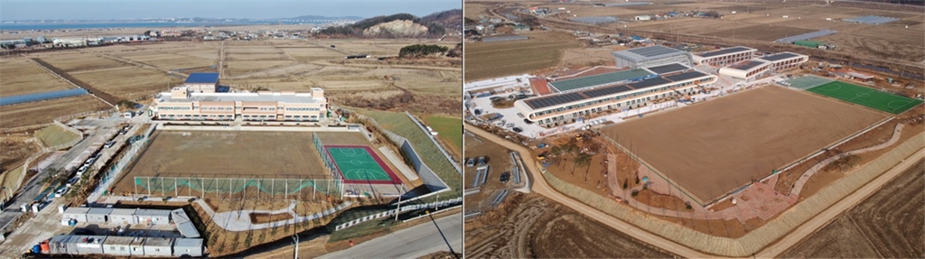 3월 개교를 앞둔 아산 인주중(사진 왼쪽)과 청양 정산중학교