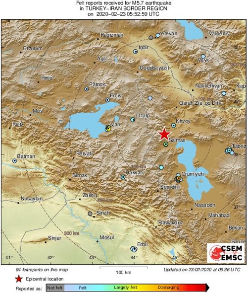 터키-이란 국경 지진 발생(붉은 별표)