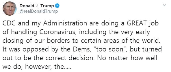 "CDC와 행정부, 코로나19 통제 잘하고 있다" 트럼프 대통령 트윗