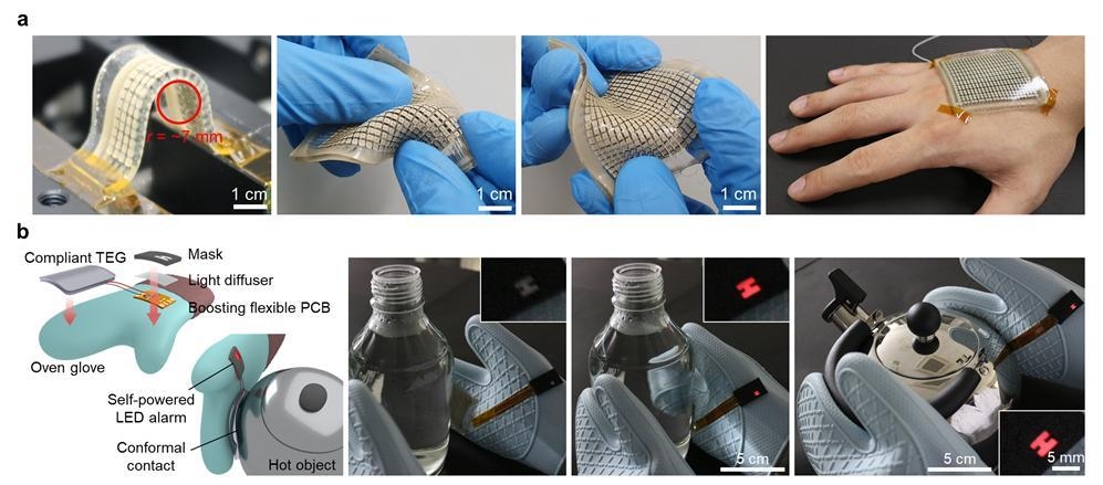 (a) 자유로운 변형이 가능한 고유연성 열전소자 모습 (b) 유연성 열전소자를 발광소자와 연결해 뜨거운 물체를 알려주는 자가 발전 장갑을 구현한 모습 [한국과학기술연구원 제공. 재판매 및 DB 금지]