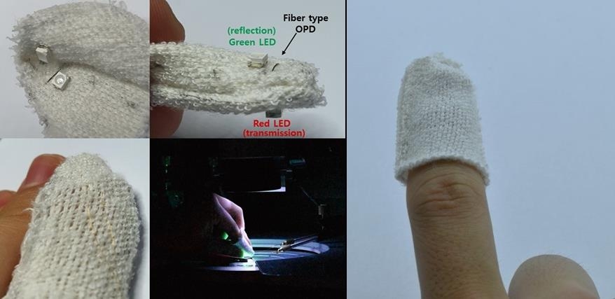KIST 연구팀은 섬유형 전자소자 제작 기술을 개발하고, 이를 이용해 손가락 끝에 끼워 심박수를 측정할 수 있는 골무형 신체신호 측정장치를 만들었다. [한국과학기술연구원 제공. 재판매 및 DB 금지] 