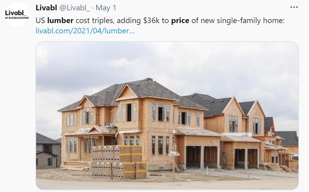목재 가격 급등에 따른 집값 상승을 전하는 트위터 게시물