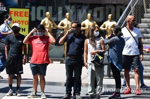 19일(현지시간) 실내 마스크 착용 의무화가 복원된 미 캘리포니아주 LA의 할리우드에서 길을 건너려 신호를 기다리는 사람들이 마스크를 쓴 채 서 있다. [AFP=연합뉴스]