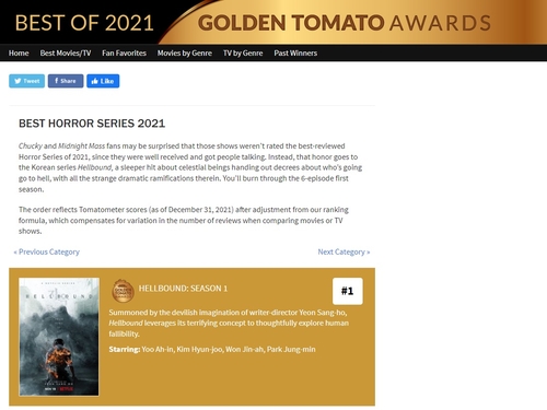 La imagen, capturada del sitio web estadounidense Rotten Tomatoes, muestra su selección de "Hellbound" como la mejor serie de horror de 2021. (Prohibida su reventa y archivo)