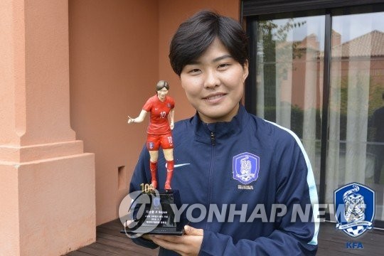 A매치 100경기 기념 트로피 들어 보이는 지소연